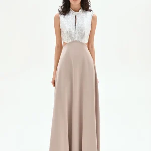 Abito lungo tortora beige con corpino di paillettes