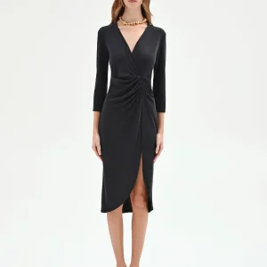 Abito nero incrociato in jersey a costine