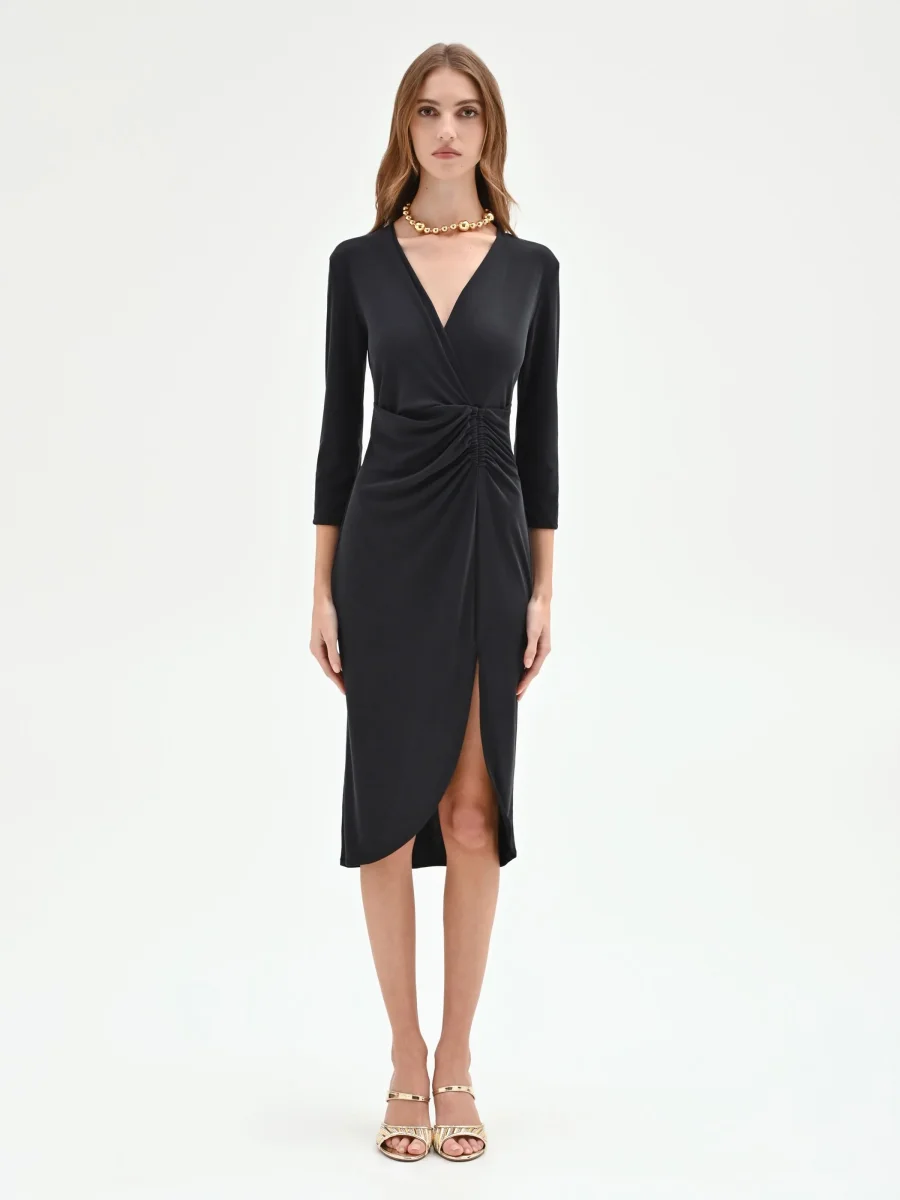 Abito nero incrociato in jersey a costine