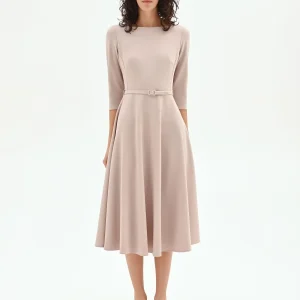 Abito midi tortora beige con cintura in vita