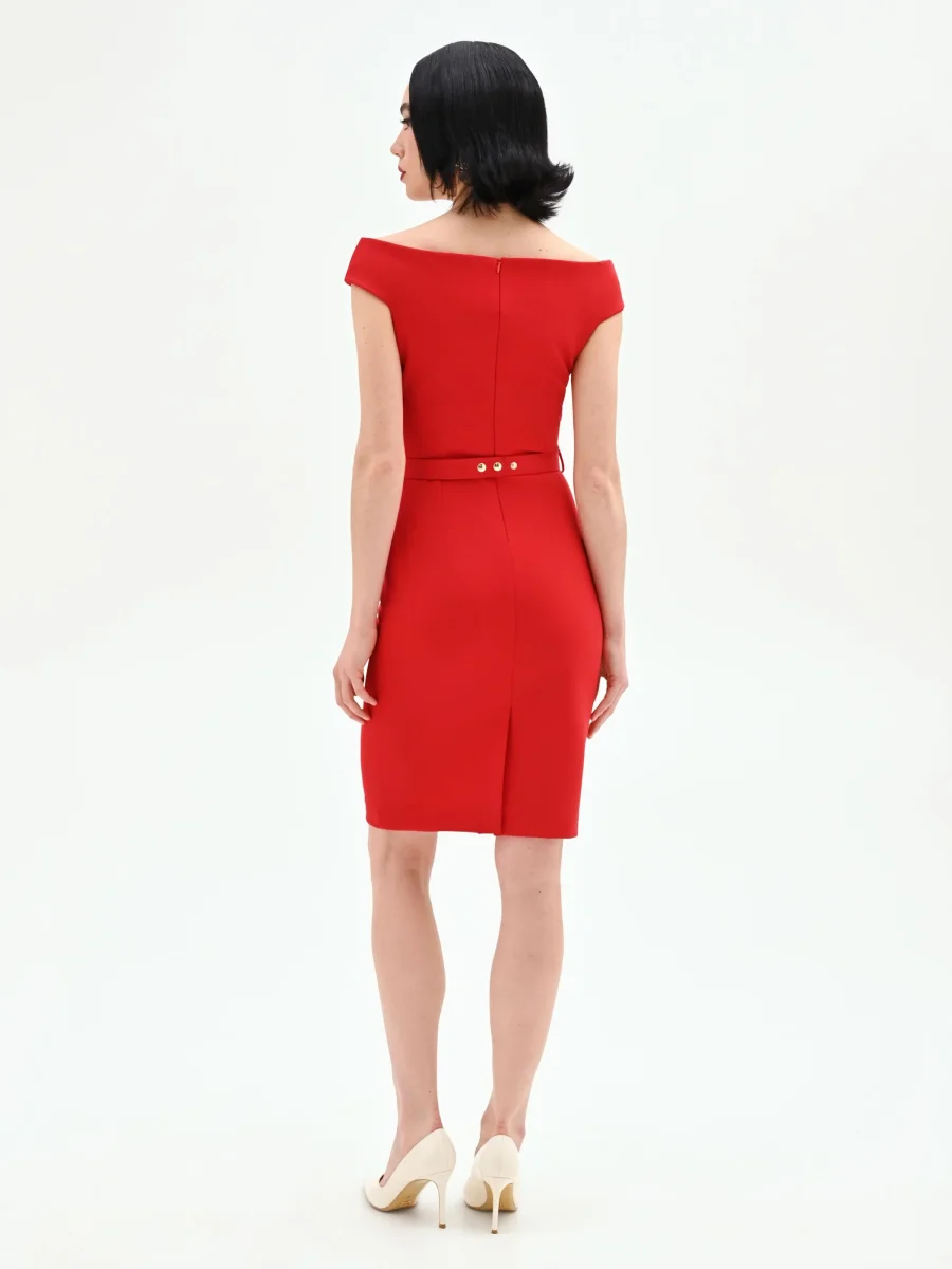 Abito tubino rosso con risvolto asimmetrico – Image 3