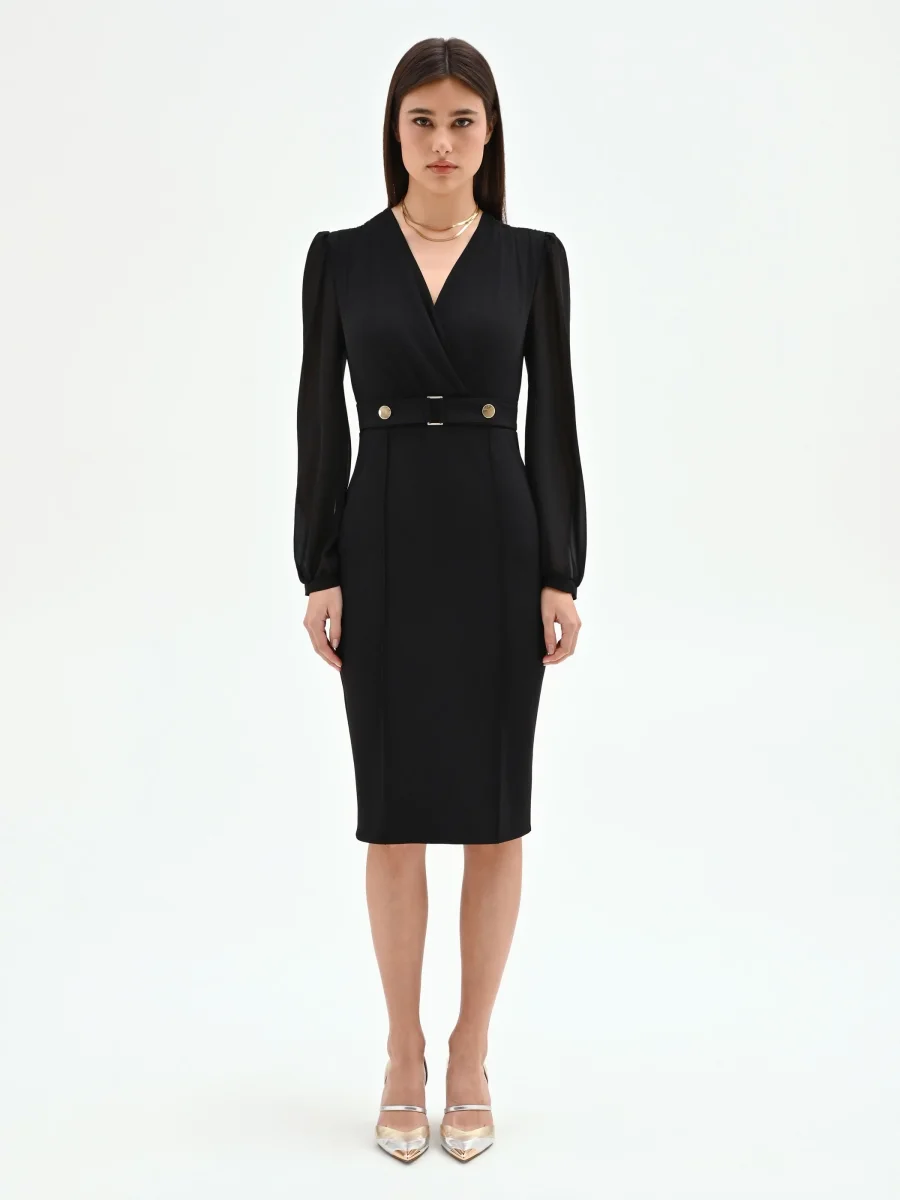 Abito tubino nero con maniche in georgette e cintura