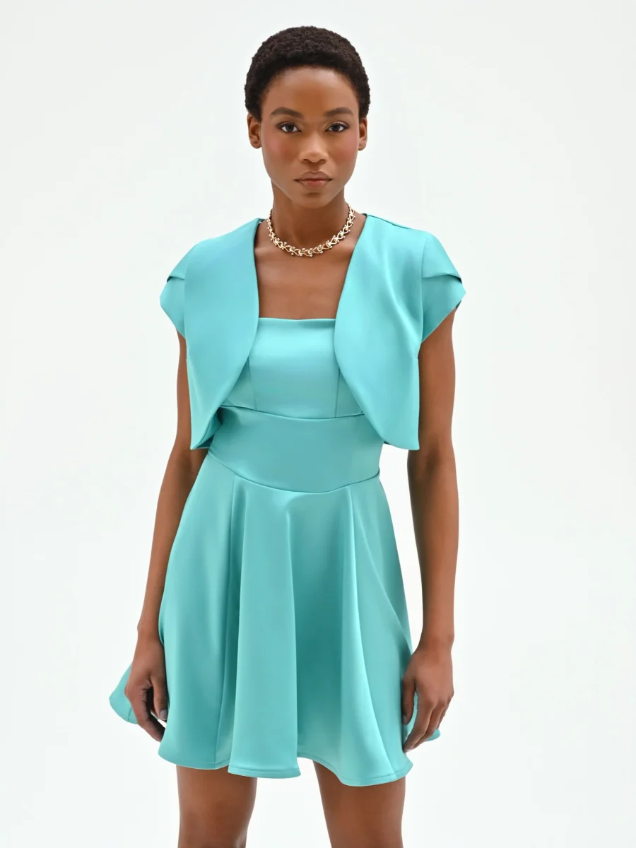 Coprispalla bolero turchese azzurro con maniche a cappuccio – Image 6