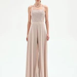 Tuta con corpetto in pizzo e pantaloni palazzo tortora beige