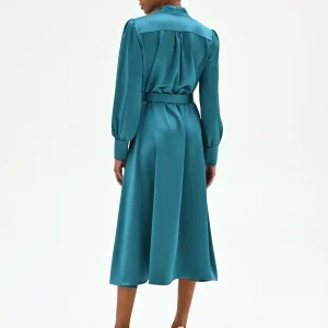 Abito midi in raso blu ottanio