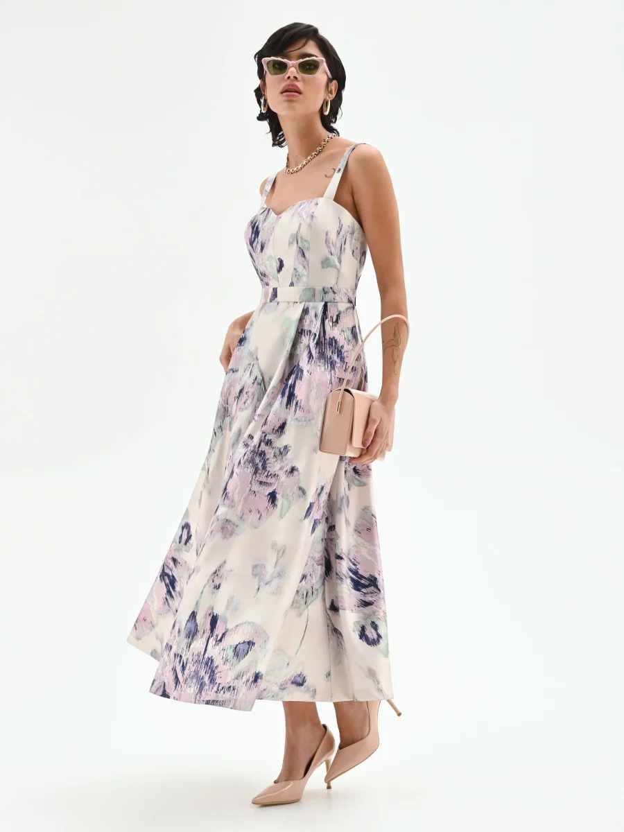 Abito midi a fiori astratti bianco panna – Image 7