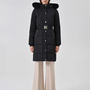 Piumino medio nero con cintura e cappuccio