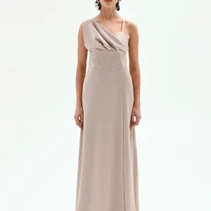 Abito lungo in raso tortora beige con corpetto
