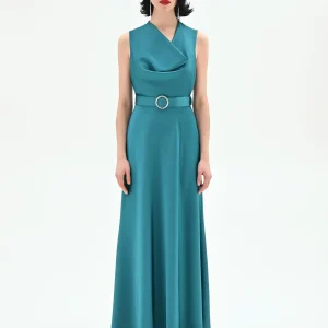 Abito lungo blu ottanio con scollo ad anello