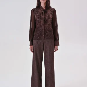 Camicia Marrone in Tulle Ricamo Paillettes