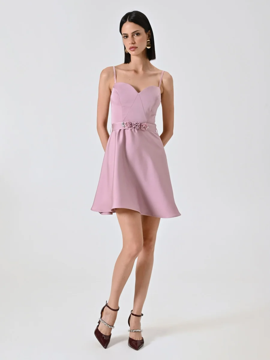 Abito a Ruota Rosa Malva in Raso – Image 3