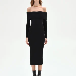 Abito midi nero con bottoni laterali