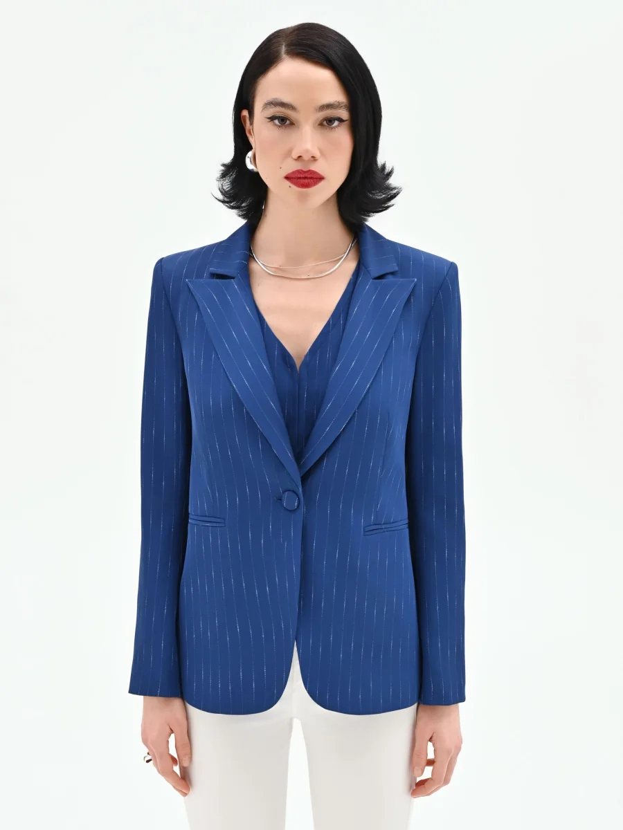 Giacca blazer blu brillante effetto gessato – Image 6