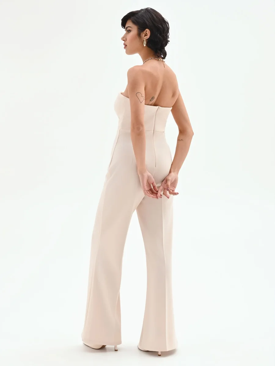 Tuta palazzo beige chiaro con bottoni e bustier – Image 2