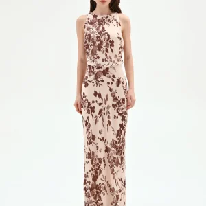 Abito lungo cioccolato con stampa floreale