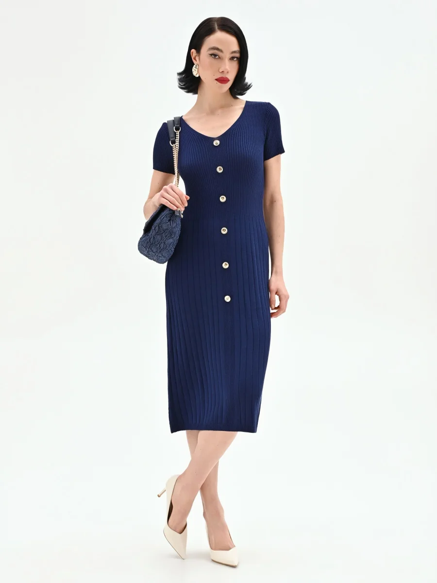 Abito longuette blu in maglia a costine con bottoni – Image 6