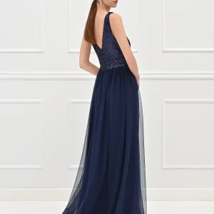Abito lungo blu con corpetto ricamato in paillettes