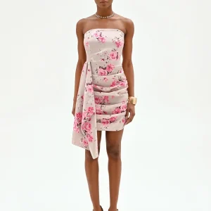 Mini abito rosa con stampa floreale e drappeggio
