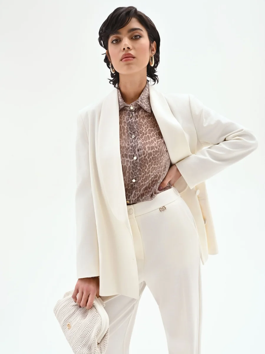Giacca blazer doppiopetto in misto cotone lyocell bianco – Image 4