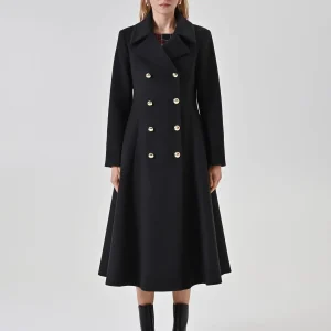 Maxi Cappotto Nero con Bottoni Gold in Misto Viscosa