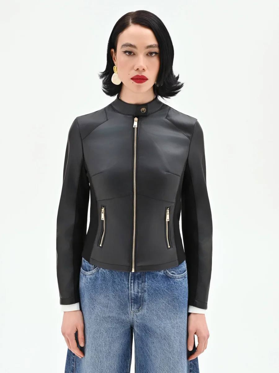 Giubbino nero effetto pelle con zip dorate – Image 2