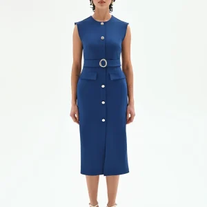 Tubino midi blu brillante con cintura