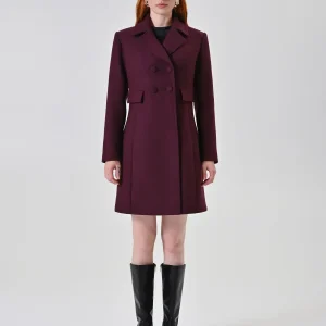 Cappotto Misto Lana Doppiopetto Bordeaux con Bottoni Ricoperti