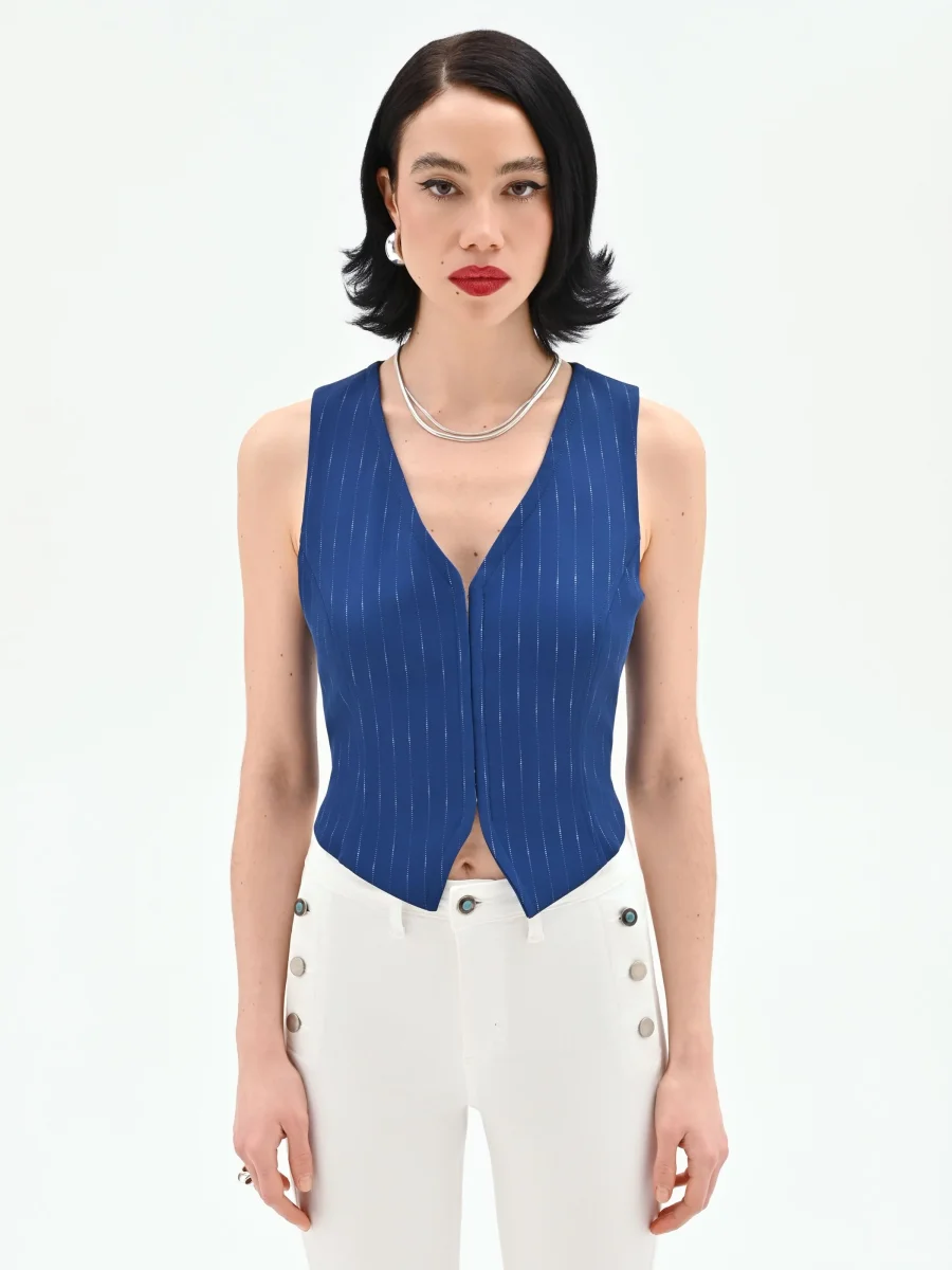 Gilet blu brillante effetto gessato – Image 4