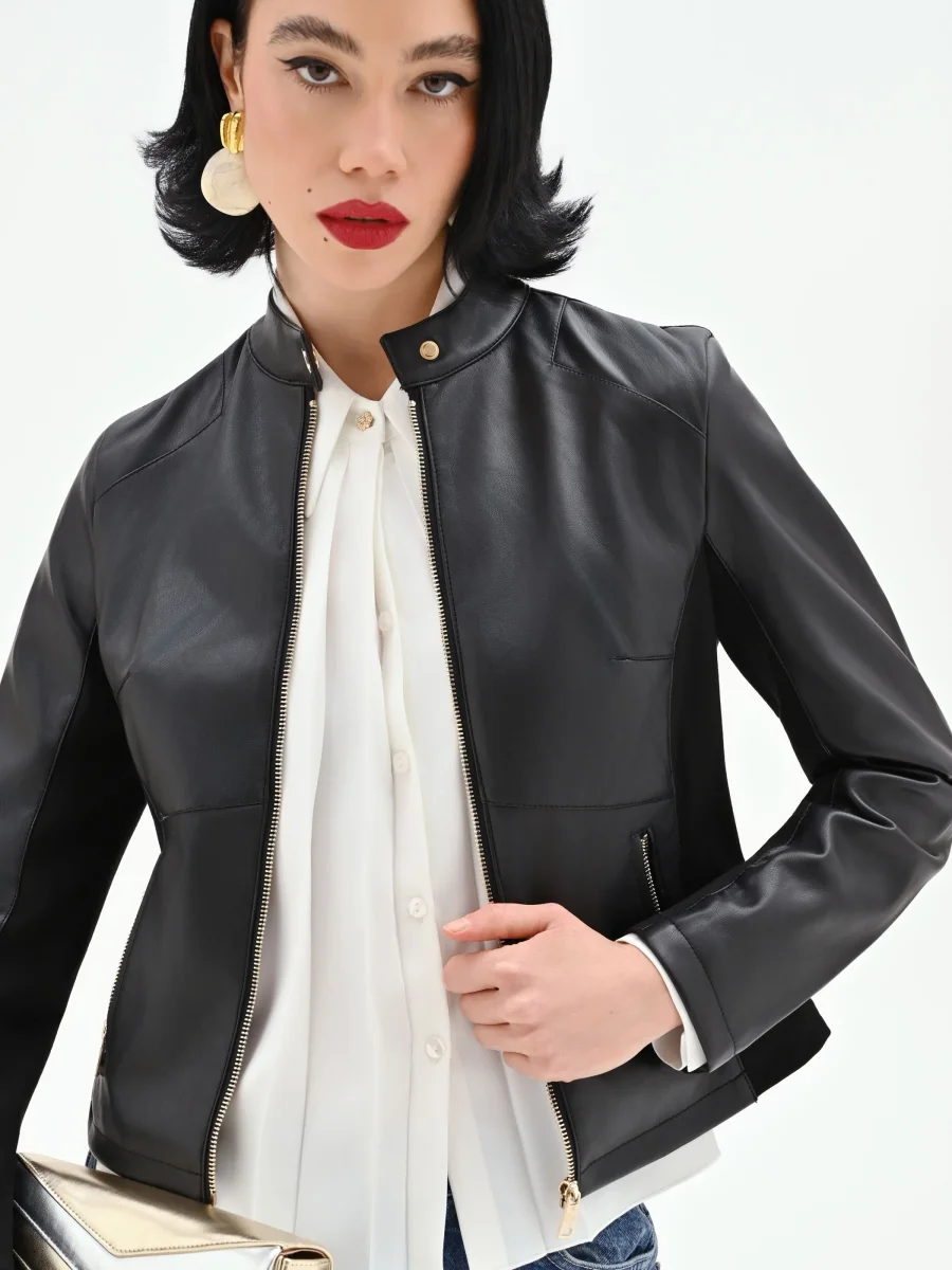 Giubbino nero effetto pelle con zip dorate – Image 8