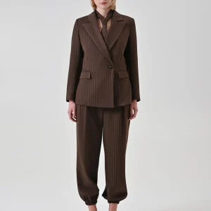Giacca blazer gessata asimmetrica cioccolato
