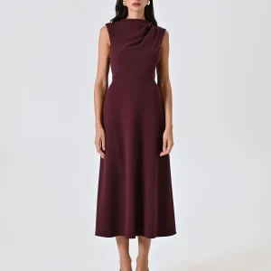 Abito Midi Bordeaux con Collo in Piedi