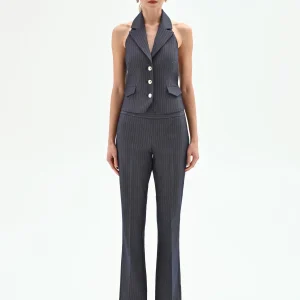 Gilet gessato blu con scollo all'americana