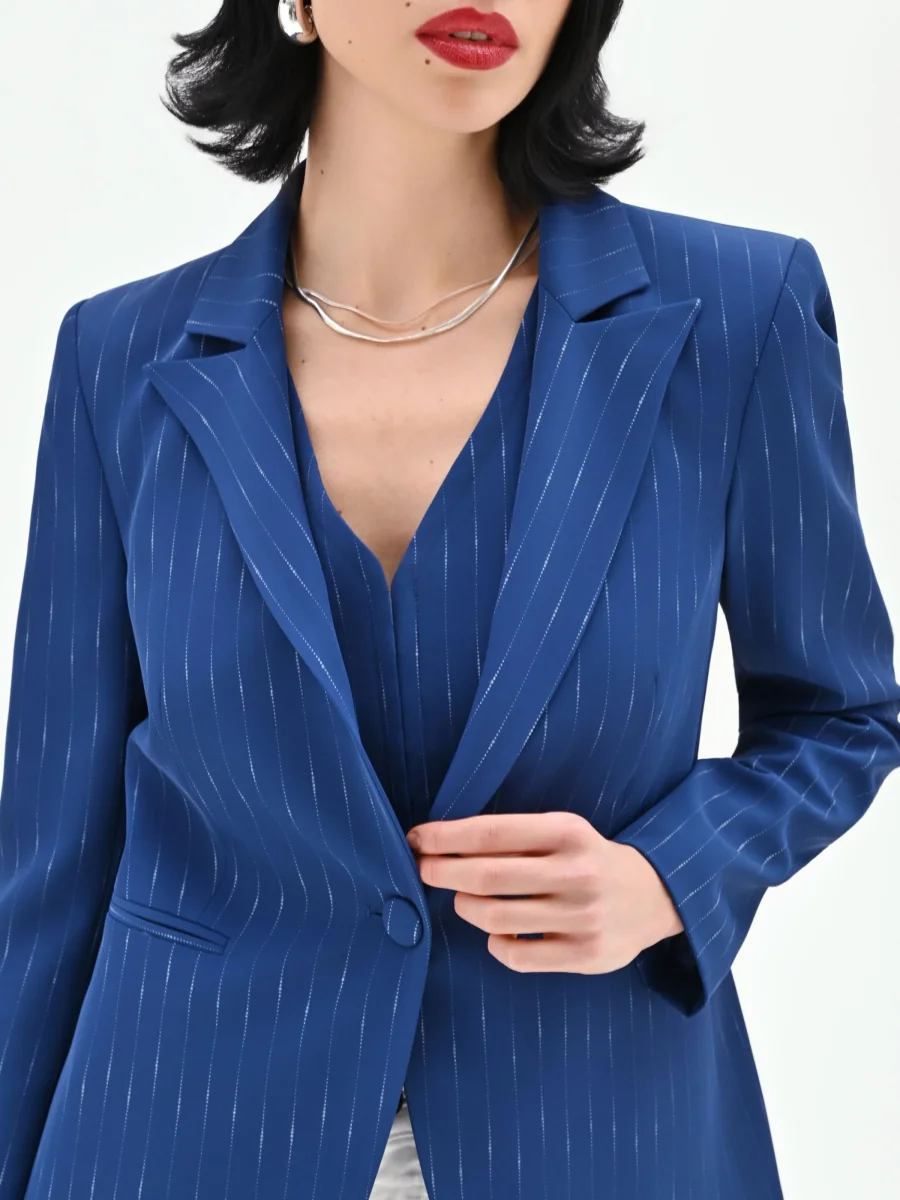 Giacca blazer blu brillante effetto gessato – Image 3