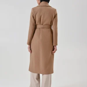 Cappotto cammello misto lana con revers asimmetrici