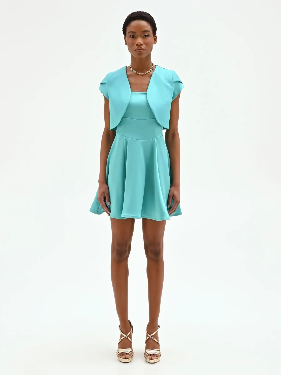 Coprispalla bolero turchese azzurro con maniche a cappuccio – Image 2