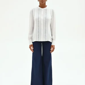 Camicia in viscosa panna con inserti in pizzo