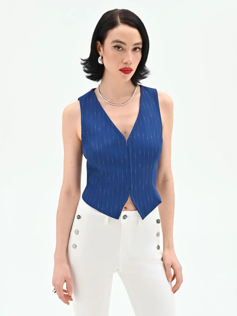 Gilet blu brillante effetto gessato – Image 5