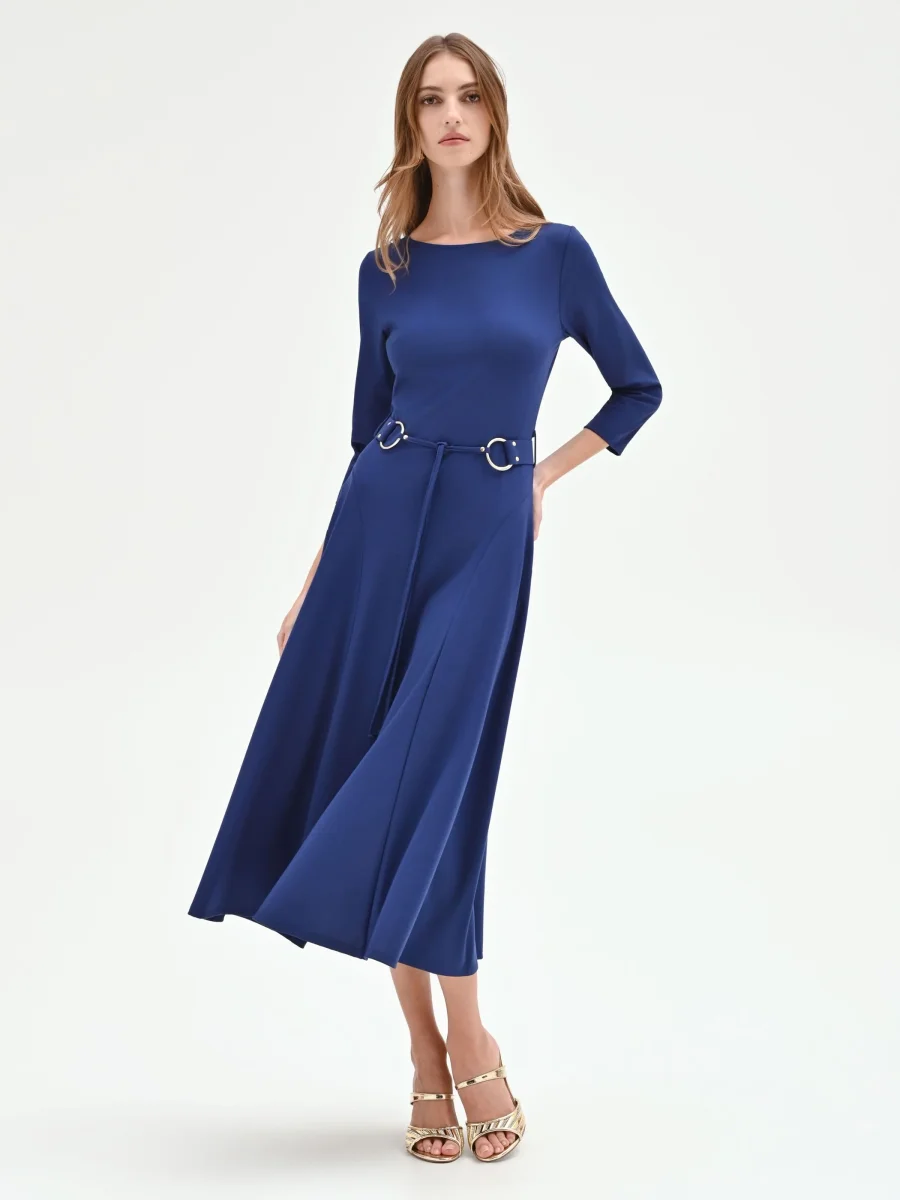 Abito blu brillante svasato con cintura – Image 3