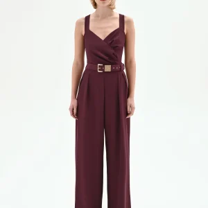 Tuta palazzo in cadi bordeaux con cintura