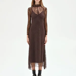 Abito longuette in pizzo color cioccolato