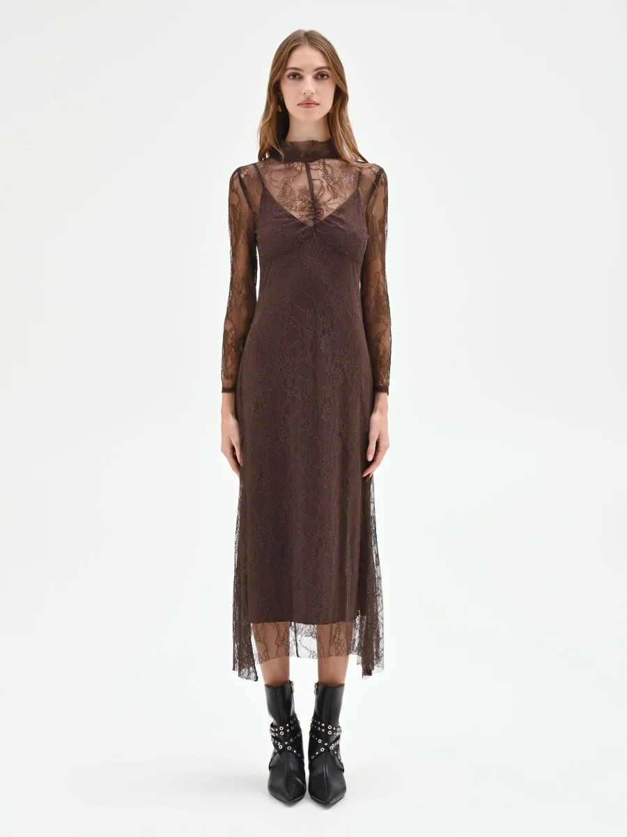 Abito longuette in pizzo color cioccolato