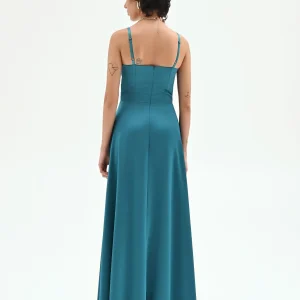 Abito lungo blu ottanio in raso con scollo velato