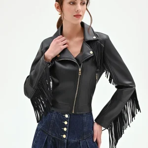 Giubbino chiodo nero con frange