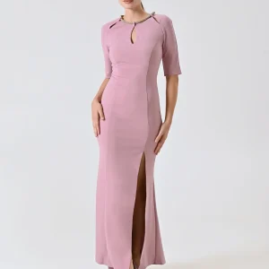 Abito Lungo Rosa Malva con Tubolare Strass