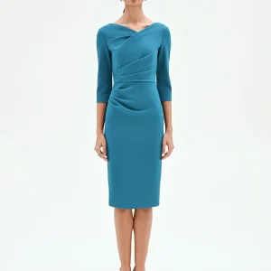 Abito tubino blu ottanio con drappeggio