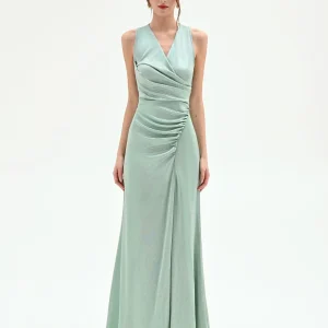 Abito lungo verde menta con drappeggio laterale