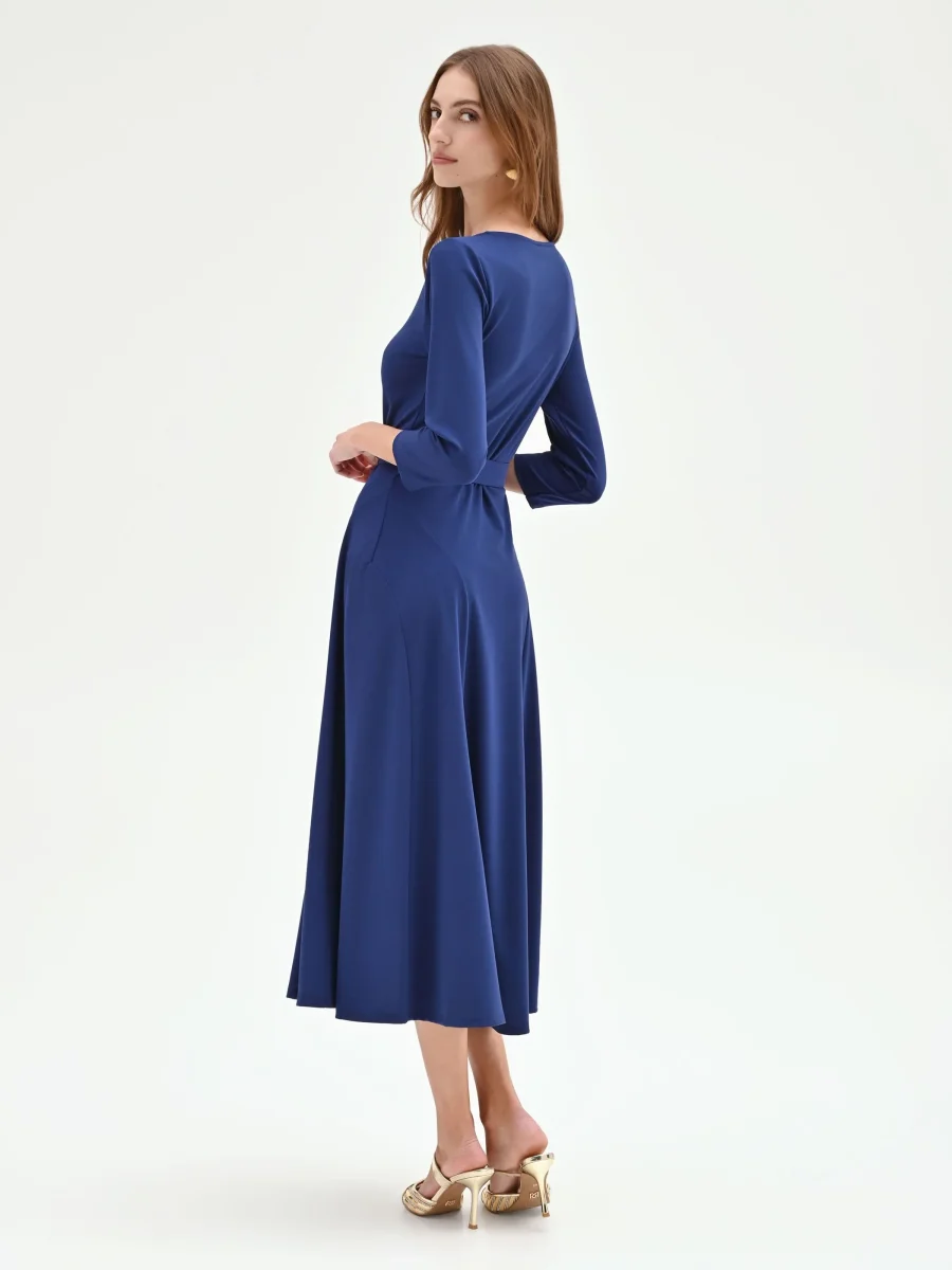 Abito blu brillante svasato con cintura – Image 5