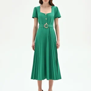 Abito midi verde con gonna plissé