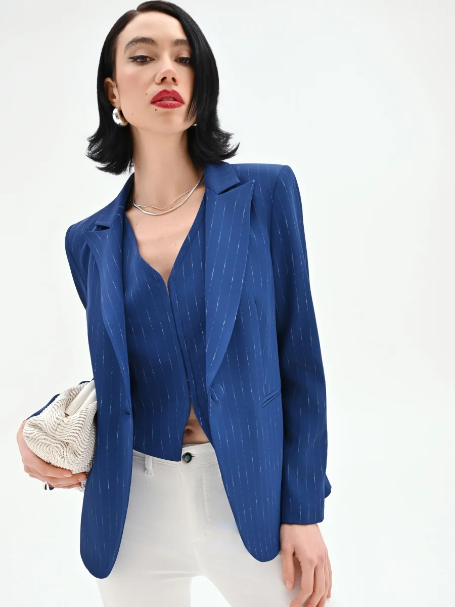 Giacca blazer blu brillante effetto gessato – Image 7