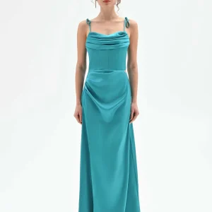 Abito lungo atelier  verde smeraldo con scollo drappeggiato